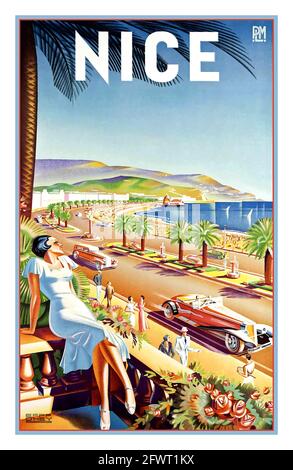 Nizza Francia Vintage 1940's Travel Poster PLM Ferrovia Francese Spiaggia Mare e palme Costa Azzurra Vintage Travel Pubblicità Poster d'arte per Nizza Costa Azzurra Francia - Nizza - PLM (artista: D'Hey) Francia c. 1947 - Poster d'epoca Art Deco Poster Foto Stock