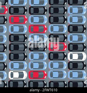 Nuove auto parcheggiate in file pulite. Distribuzione della concessionaria di fabbrica e parcheggio logistico. Illustrazione Vettoriale