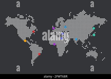 Vettore mappa mondiale. Mappa del mondo punteggiata con le città più grandi del mondo segnato. Illustrazione Vettoriale