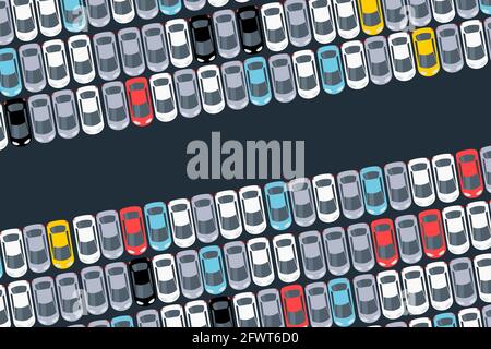 Nuove auto parcheggiate in file pulite. Distribuzione della concessionaria di fabbrica e parcheggio logistico. Illustrazione Vettoriale