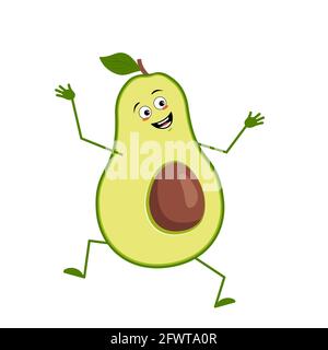 Carino personaggio avocado con emozioni di gioia, volto sorridente, occhi felici, braccia e gambe. Un eroe vegetale malizioso con gli occhi Illustrazione Vettoriale