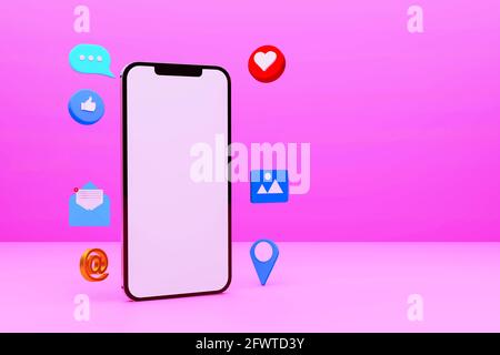Icone moderne dei social media con emoji e Mobile Abstract 3D con sfondo rendering. Concetto di banner per la progettazione di sfondi Web Foto Stock