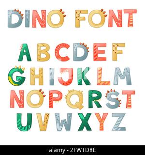 Cartoon cute dinosauro alfabeto. Font dinosauro con lettere . Illustrazione vettoriale per i bambini per t-shirt, biglietti, poster, eventi di compleanno, disegno di carta, bambini e progettazione di vivai Illustrazione Vettoriale