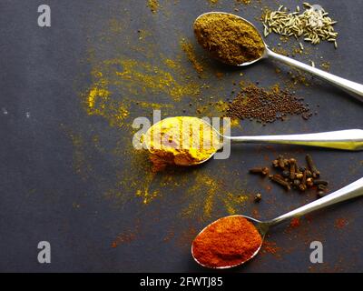 Spezie indiane, masala Garam, polvere di peperoncino rosso e zafferano in polvere su cucchiai, semi di senape, anice e chiodi di garofano su sfondo scuro Foto Stock