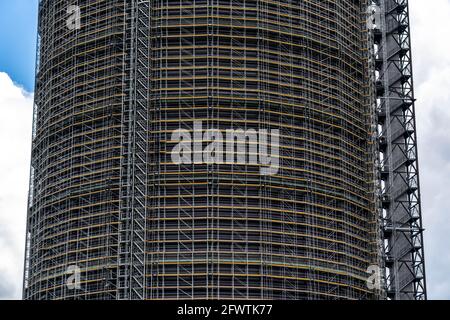 Ristrutturazione del Gasometro Oberhausen, lavori di protezione contro la corrosione, ponteggi, Oberhausen, NRW, Germania Foto Stock