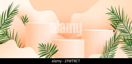 Minimalista moderno e astratto display da podio mockup con fresche foglie di palma su sfondo color pastello Illustrazione Vettoriale