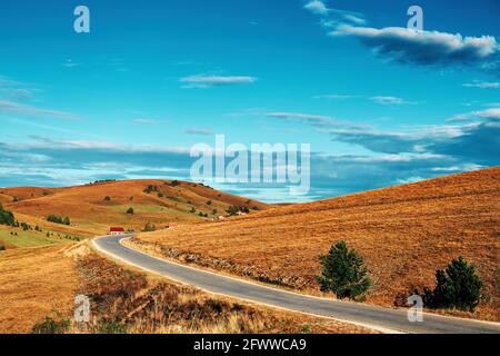 Strada vuota attraverso il bellissimo paesaggio della regione di Zlatibor in autunno mattina Foto Stock