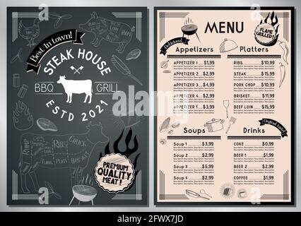 Ristorante grill, menu grigliate - carta A4 (bistecche, antipasti, contorni, zuppe, bevande) Illustrazione Vettoriale