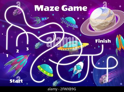 Labirinto di bambini in pianeti spaziali, puzzle vettoriale gioco da tavolo. Spazio Galaxy labirinto labirinto o gioco da tavolo per i bambini, trovare la strada per pianeta con razzo Illustrazione Vettoriale