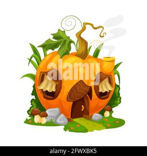 Casa di zucca fiaba, gnome vettore o casa di fata in groud arancio maturo con porta di legno, tende su finestre e tubo di vapore. Fantasy costruzione con Illustrazione Vettoriale