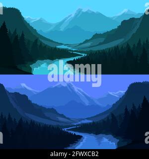 Fiume, foresta e montagne all'alba vettore paesaggio naturale. Fiume di montagna che corre tra le colline di valle con alberi, vetta nevosa, cielo mattutino e f Illustrazione Vettoriale