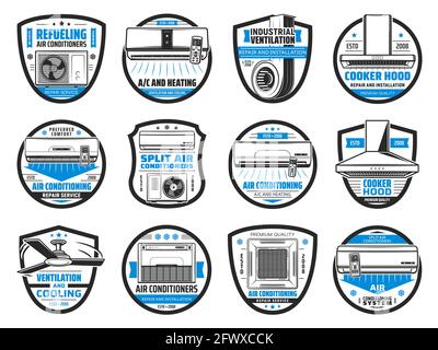 Icone vettoriali isolate per condizionatore d'aria, cappa di cottura e sistema di ventilazione. Scarico cucina o cappe di gamma, impianto di climatizzazione split, condizionamento Illustrazione Vettoriale