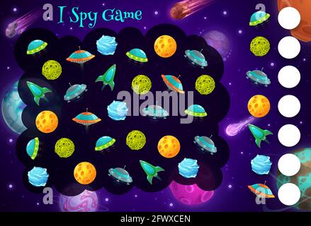 I bambini spia gioco con cartoni animati spazio navi, pianeti e ufo. Vettore indovinello quanti razzi e piattini alieni, bambini test, attività educativa con spac Illustrazione Vettoriale