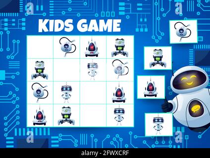 Sudoku gioco per bambini con robot e scheda madre. Gioco logico bambino, quiz di matematica o crossword, indovinello con vettore cartoon futuri androidi, divertente droidi o. Illustrazione Vettoriale