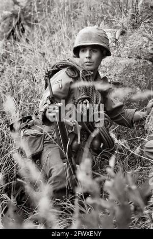 Soldato che guarda il Crash Site Foto Stock