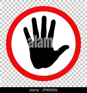 Nessun simbolo, silhouette della mano umana in cerchio rosso. Disegno vettoriale piatto isolato su sfondo trasparente, EPS 8. Illustrazione Vettoriale