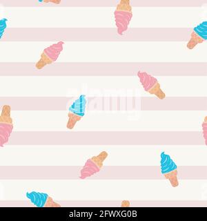 Coni waffle modello senza cuciture Vector Design piatto Rosa e blu gelato cremoso su sfondo a strisce chiare Illustrazione Vettoriale
