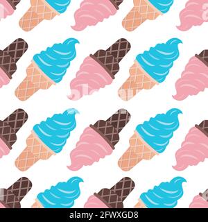 Gelato vettore carino modello senza giunture Design piatto fragola e. crema di menta in coni di waffle al cioccolato su sfondo bianco Illustrazione Vettoriale