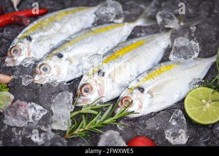 Pesce fresco crudi striscia gialla con limone, pesce sgombro su ghiaccio per cucinare il cibo nel ristorante, vista dall'alto Foto Stock