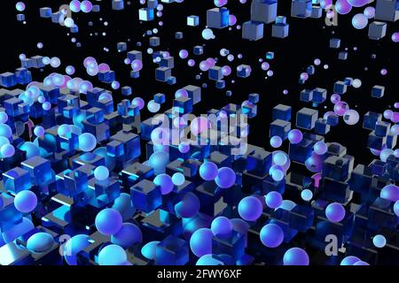 Illustrazione 3D modello dai colori rosa, viola e nero volanti forme geometriche palle, cubi . Sfondo geometrico, schema di tessitura. Foto Stock