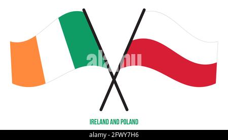 Irlanda e Polonia Bandiere incrociate e ondulate in stile piatto. Proporzione ufficiale. Colori corretti. Foto Stock