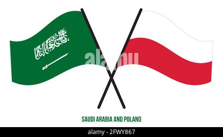 Arabia Saudita e Polonia Bandiere incrociate e ondulate in stile piatto. Proporzione ufficiale. Colori corretti. Foto Stock