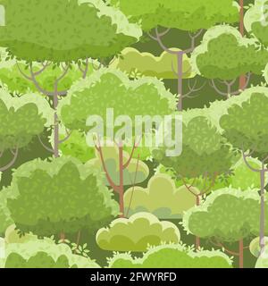 Campagna estate bellissimo paesaggio. Foresta. Ripetizione senza giunture. Stile cartone animato. Alberi e arbusti. Bellezza romantica. Sfondo. Illustrazione del design piatto Illustrazione Vettoriale