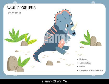 Schede flash dei fatti dei dinosauri - nomi dei dinosauri corrispondenti all'alfabeto inglese. Simpatica illustrazione vettoriale colorata. Set herbivore. Vegan dinosauro. CE Illustrazione Vettoriale