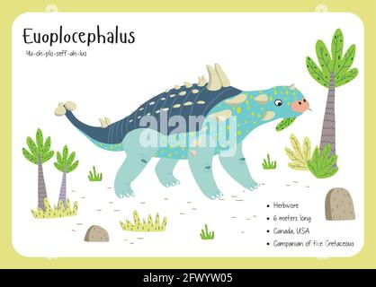 Schede flash dei fatti dei dinosauri - nomi dei dinosauri corrispondenti all'alfabeto inglese. Simpatica illustrazione vettoriale colorata. Set herbivore. Vegan dinosauro. UE Illustrazione Vettoriale