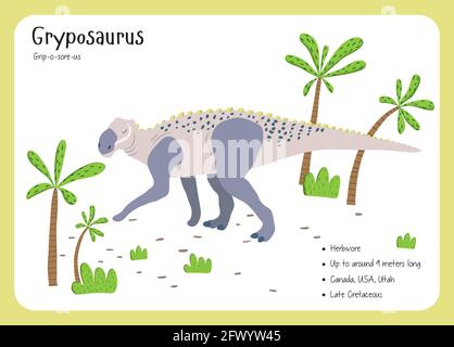 Schede flash dei fatti dei dinosauri - nomi dei dinosauri corrispondenti all'alfabeto inglese. Simpatica illustrazione vettoriale colorata. Set herbivore. Vegan dinosauro. Gr Illustrazione Vettoriale