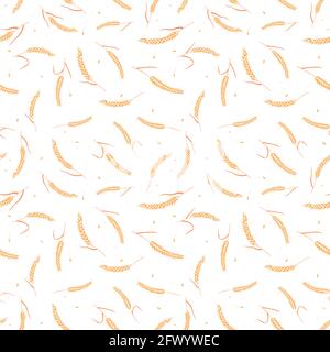 Modello senza cuciture con semi di grano intero, orecchie naturali e organiche isolate su sfondo bianco. Illustrazione Vettoriale