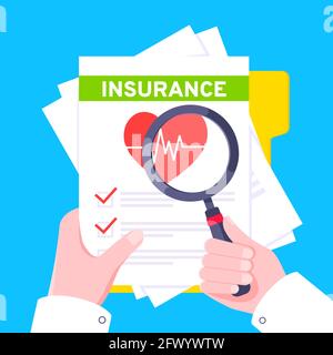 Modulo di richiesta di assicurazione medica con lima fogli di carta disegno piatto illustrazione vettoriale. Illustrazione Vettoriale