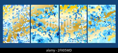 Fluido acquerello. Moderna struttura in marmo blu con spruzzi d'oro. Disegno astratto dell'acqua, vernice liquida, disegno geode della pietra. Set di stampe a inchiostro Illustrazione Vettoriale