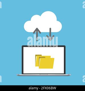 Concetto di trasferimento dei dati di cloud computing con notebook. Vettore Illustrazione Vettoriale