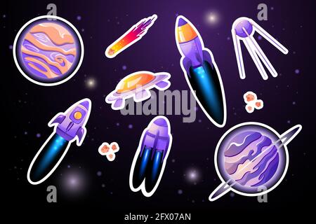 Set di adesivi per pianeta e razzo. Spazio infantile e cartoni animati razzo sfondo per la scuola e l'asilo. Illustrazione Vettoriale