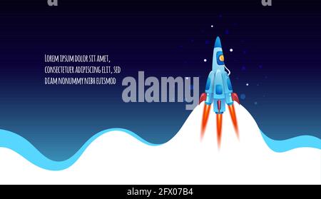 Razzo che vola su nuvola, lancio Spaceship. Concetto di banner di avvio aziendale. Illustrazione Vettoriale