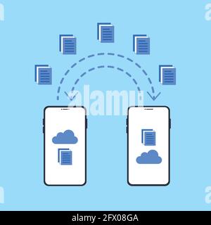 Trasferimento di file degli smartphone. Trasmissione dei dati, ricevitore dei file FTP e copia di backup del telefono. Concetto di condivisione dei documenti Illustrazione Vettoriale