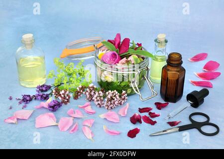 Medicina naturale alle erbe con fiori estivi ed erbe che si infiltrano in un vaso con olio e sciolto per fare l'olio essenziale di aromaterapia. Ancora vita per naturopa Foto Stock