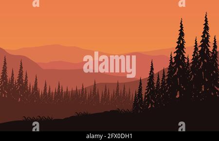 Vista sulle montagne con foresta realistica dal bordo della città al tramonto. Illustrazione vettoriale di una città Illustrazione Vettoriale