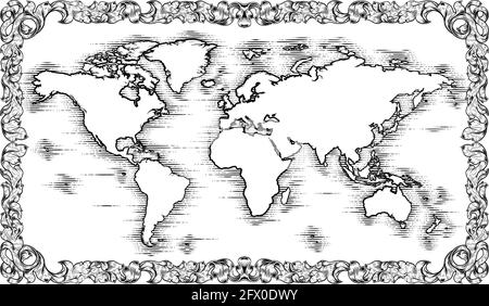 Mappa del mondo disegno vecchio stile inciso Woodcut Illustrazione Vettoriale