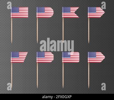 Bandiere USA per la scelta dei denti isolate su sfondo scuro. Decorazione per Indipendenza 4 luglio. Illustrazione Vettoriale