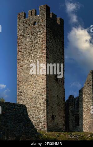 Una torre di avvistamento medievale del 1311 sorge sopra i ruderi di Castel Belfort a Spormaggiore, Trentino-Alto Adige, Italia. La torre di avvistamento e il castello sono stati originariamente costruiti per custodire l'ingresso della Val de non e delle Dolomiti di Brenta. Il castello fu ricostruito dopo un devastante incendio nel 1670 e poi abbandonato alla fine degli anni '1700s. Foto Stock