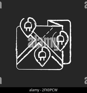 Mappa delle stazioni di ricarica EV o icona bianca con gesso di rete accesa sfondo nero Illustrazione Vettoriale