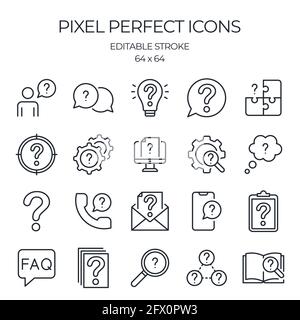 Icone del contorno del tratto modificabili relative alla domanda impostate isolate su un'illustrazione vettoriale piatta di sfondo bianco. Pixel perfetto. 64 x 64. Illustrazione Vettoriale