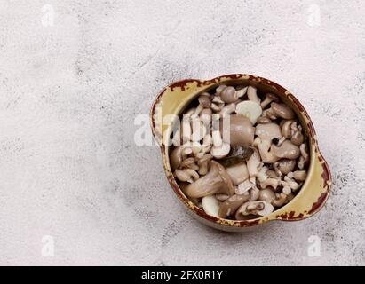 Funghi di ostriche sottaceto con aglio in una ciotola su uno sfondo chiaro. Vista dall'alto, disposizione piatta Foto Stock