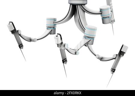 Bracci robotici per chirurgia robotica assistita isolati su sfondo bianco. Illustrazione 3D. Foto Stock