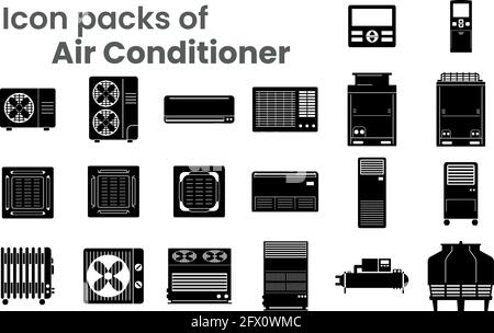 Pacchetti icone di condizionatori d'aria di vario tipo come simbolo-blocco-linea-contorno. Vari oggetti di condizionatori d'aria-ventola a condensazione serpentina interna all'esterno Illustrazione Vettoriale