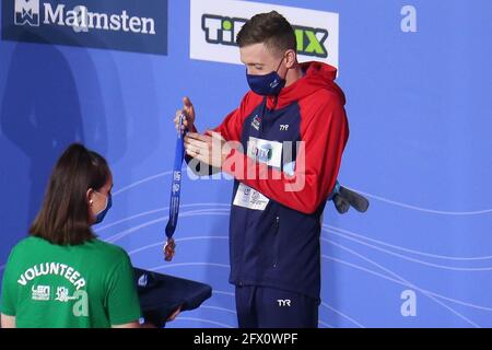 Max Litchfield of Great Britain 3° posto, Podium 400 m Medley durante i Campionati europei LEN 2021, evento di nuoto il 23 maggio 2021 presso la Duna Arena di Budapest, Ungheria - Foto Laurent Lairys / DPPI Foto Stock