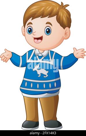 Buon ragazzo cartone animato con pullover blu di natale Illustrazione Vettoriale