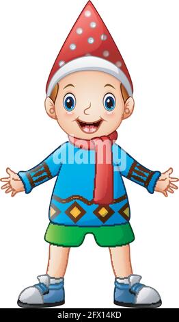 Cartone animato Happy boy con pullover natalizio e sciarpa rossa Illustrazione Vettoriale